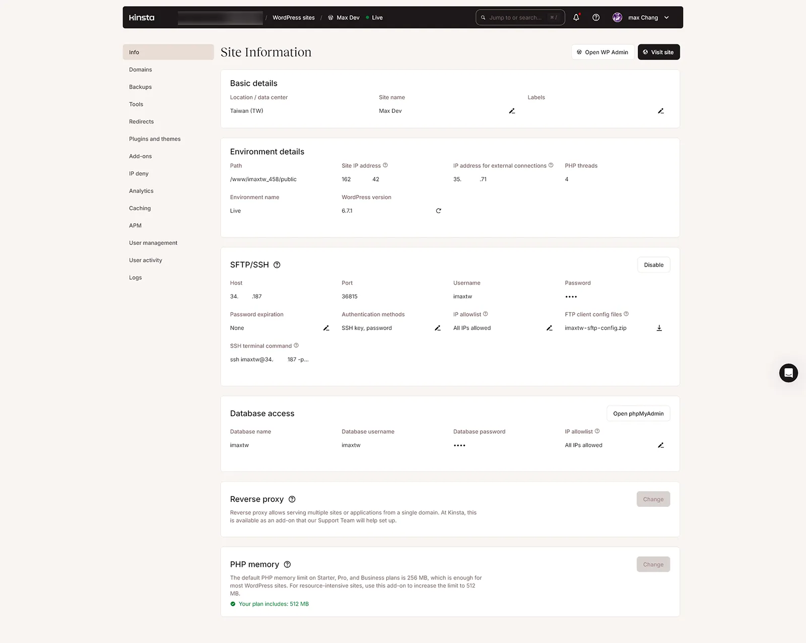 Kinsta 提供的網站管理介面 Site Information Kinsta 提供的網站管理介面 Site Information