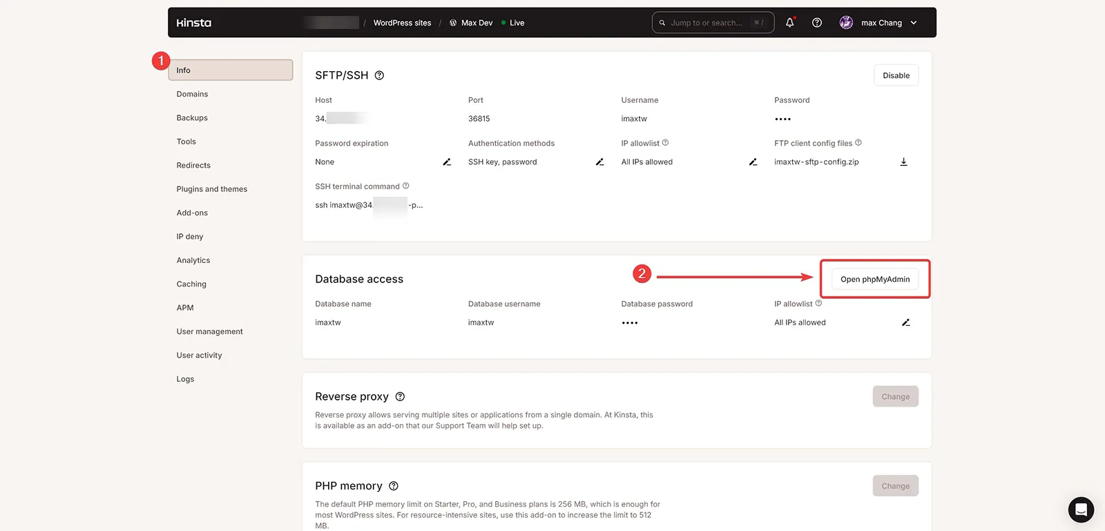 Open phpMyAdmin 按鈕 Open phpMyAdmin 按鈕